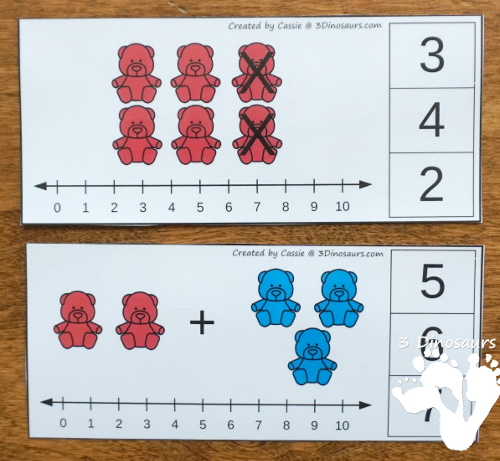 Free Bear Addition and Subtraction Clip Cards - 10 cards for each type of math with a colorful bears, numberline and clip numbers to work on addition and subtraction from 1 to 10 - 3Dinosaurs.com