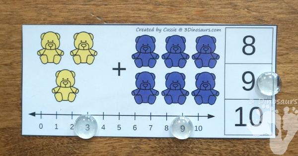 Free Bear Addition and Subtraction Clip Cards - 10 cards for each type of math with a colorful bears, numberline and clip numbers to work on addition and subtraction from 1 to 10 - 3Dinosaurs.com