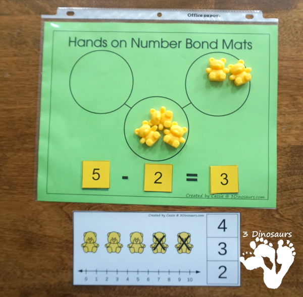 Free Bear Addition and Subtraction Clip Cards - 10 cards for each type of math with a colorful bears, numberline and clip numbers to work on addition and subtraction from 1 to 10 - 3Dinosaurs.com
