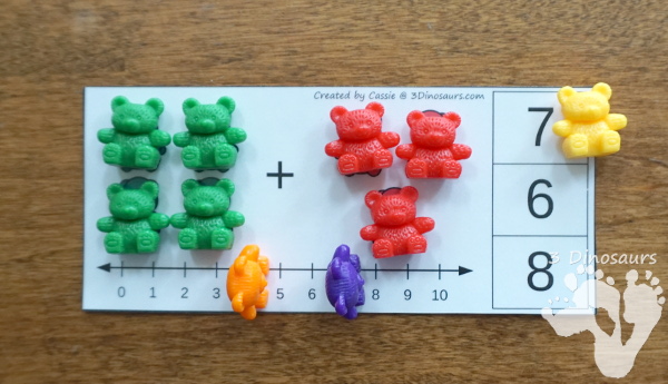 Free Bear Addition and Subtraction Clip Cards - 10 cards for each type of math with a colorful bears, numberline and clip numbers to work on addition and subtraction from 1 to 10 - 3Dinosaurs.com