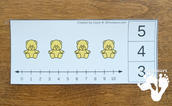 Free Bear Addition and Subtraction Clip Cards - 10 clip cards that work on numbers from 1 to 10 with counting and a number line - 3Dinosaurs.com