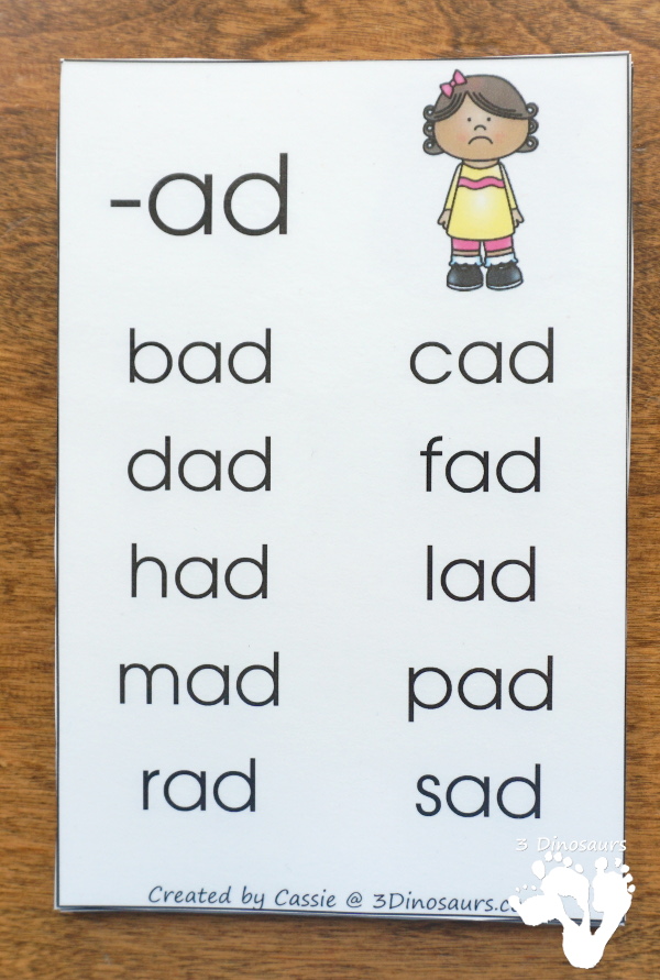 FREE CVC Word Family Wall Cards - with 22 word families for kids to learn with. 2 cards per page and up to 10 words per card - 3Dinosaurs.com