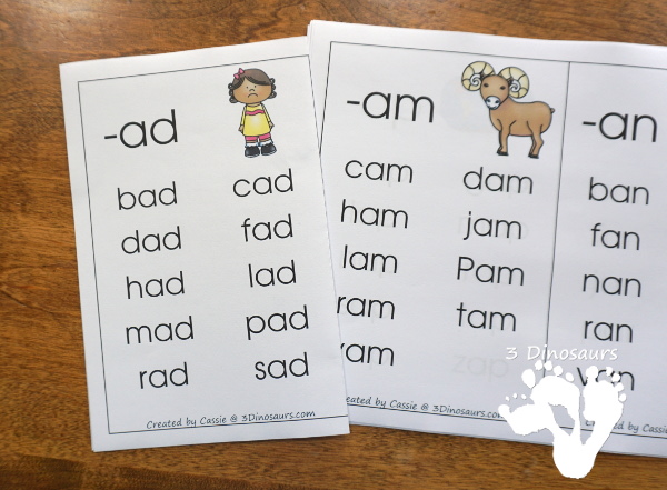 FREE CVC Word Family Wall Cards - with 22 word families for kids to learn with. 2 cards per page and up to 10 words per card - 3Dinosaurs.com