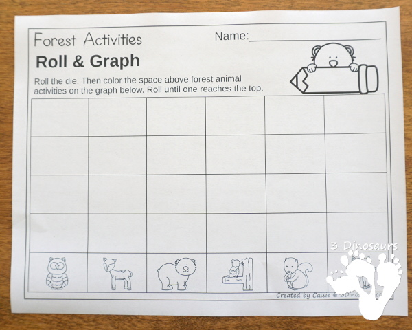 Easy to Use Forest Animals Graphing - with graphing and 2 dice options plus graphing ABCs, numbers, and shapes - 3Dinosaurs.com #graphing #mathforkids #kindergarten #prek #forestforkids 