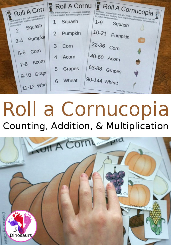 Free Roll A Cornucopia Printable - an easy way to work on counting 1 to 6, addition up to 12, or multiplication 1 to 6 or 1 to 12 with a hands-on math and recording sheet for addition and multiplication - 3Dinosaurs.com
