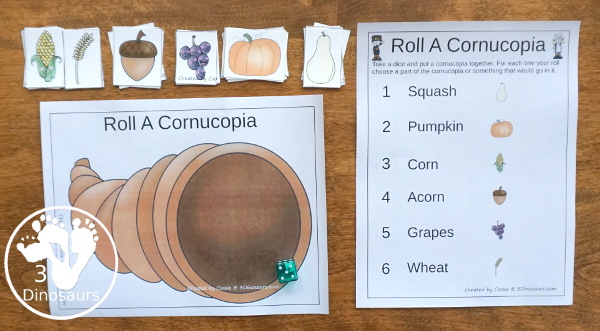 Free Roll A Cornucopia Printable - an easy way to work on counting 1 to 6, addition up to 12, or multiplication 1 to 6 or 1 to 12 with a hands-on math and recording sheet for addition and multiplication - 3Dinosaurs.com