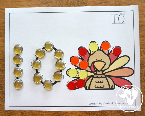 Turkey, Corn and Pie Themed Dot Marker Number & Counting - this is a fun counting activity with dot markers that works on numbers 0 to 20 with color or black and white options - 3Dinosaurs.com #thanskgivingactivities #dotmaker #doadot #numbers #counting 