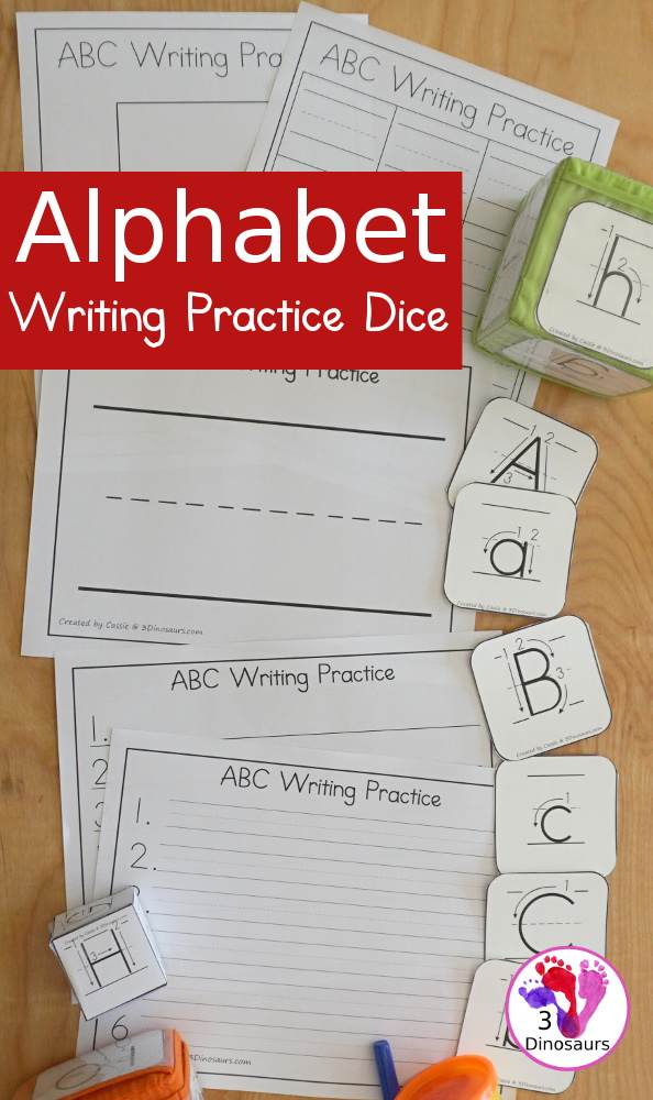 Free Writing Practice ABC Dice - with letter formation dice with folding dice and cube dice with several recording and center ideas for the letters - 3Dinosaurs.com