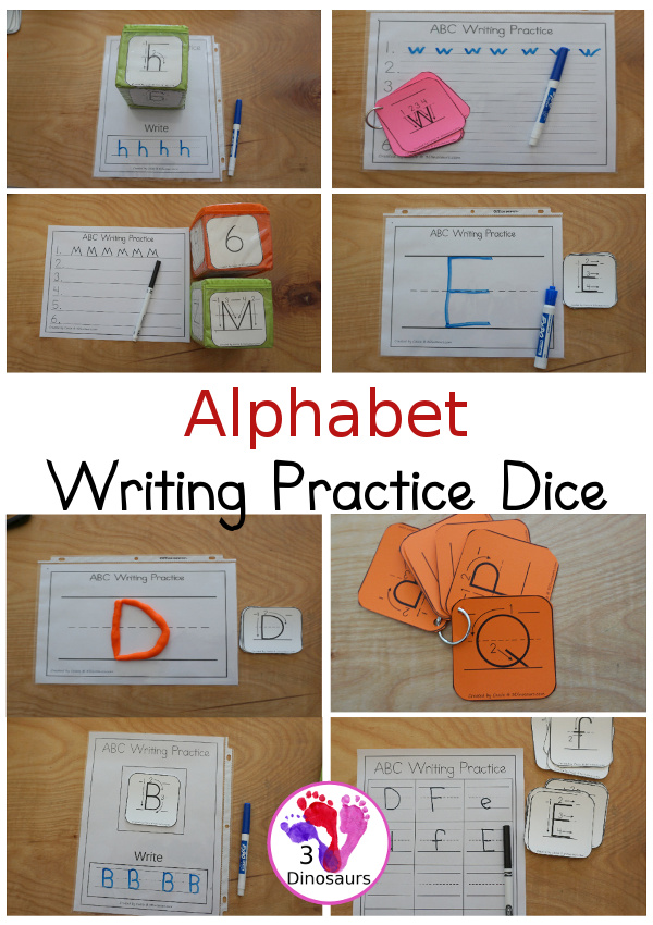 Free Writing Practice ABC Dice - with letter formation dice with folding dice and cube dice with several recording and center ideas for the letters - 3Dinosaurs.com