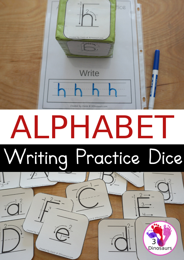 Free Writing Practice ABC Dice - with letter formation dice with folding dice and cube dice with several recording and center ideas for the letters - 3Dinosaurs.com