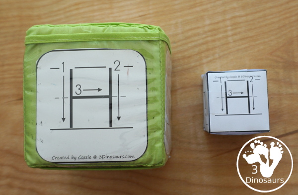 Free Writing Practice ABC Dice - with letter formation dice with folding dice and cube dice with several recording and center ideas for the letters - 3Dinosaurs.com