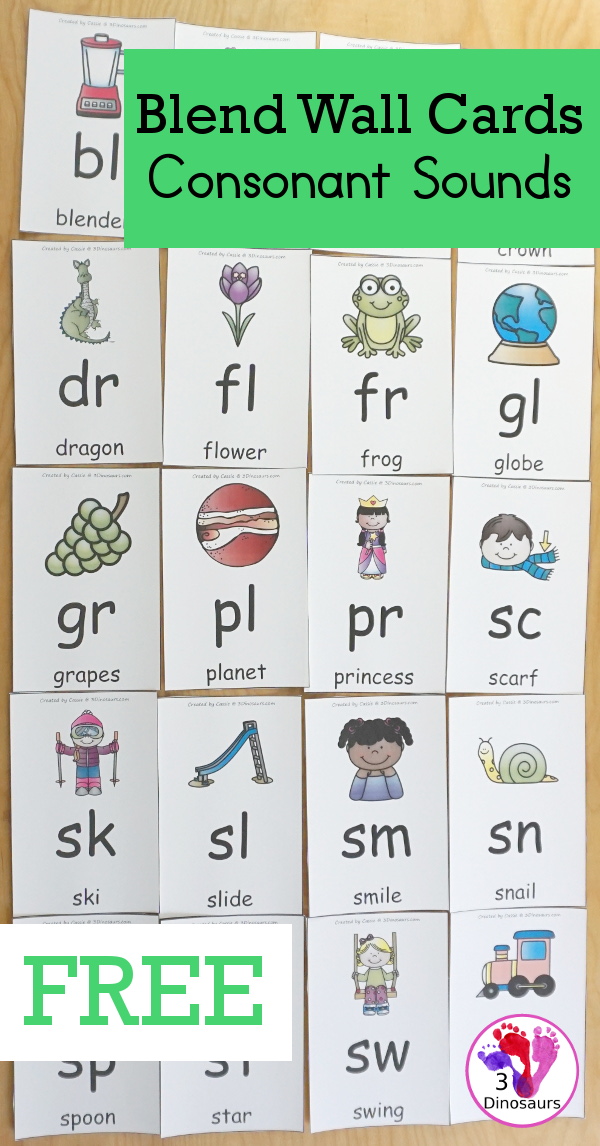 Free Blends Wall Cards: Beginning Sound Consonant Blends - with the blend, picture and matching word for the following blends bl, br, cl, cr, dr, fl, fr, gl, gr, pl, pr, sc, sk, sl, sm, sn, sp, st, sw, & tr - 3Dinosaurs.com