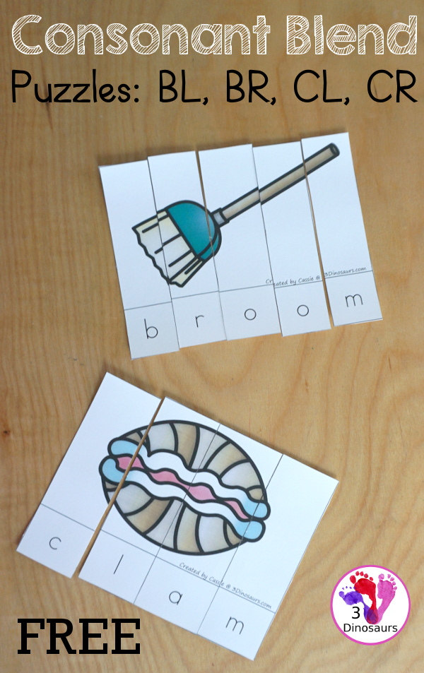 Free Blends Puzzles: consonant blends puzzles for kids to learn Bl-, Br-, Cl-, and Cr- blends. Two puzzles for each beginning blend - 3Dinosaurs.com