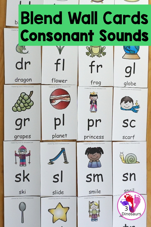 Free Blends Wall Cards: Beginning Sound Consonant Blends - with the blend, picture and matching word for the following blends bl, br, cl, cr, dr, fl, fr, gl, gr, pl, pr, sc, sk, sl, sm, sn, sp, st, sw, & tr - 3Dinosaurs.com