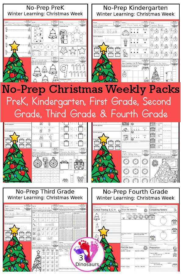 No-Prep Christmas Themed Weekly Packs for PreK, Kindergarten, First Grade, Second Grade, Third Grade & Fourth Grade with 5 days of activities to do for each grade level - These are great for activities to do this winter with a Christmas themed items to have fun while learning - 3Dinosaurs.com