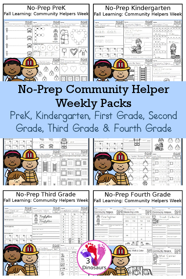 No-Prep Community Themed Weekly Packs for PreK, Kindergarten, First Grade, Second Grade, Third Grade & Fourth Grade with 5 days of activities to do for each grade level - These are great for activities to do this fall - Plus Bonus Day for Veteran's Day! - 3Dinosaurs.com