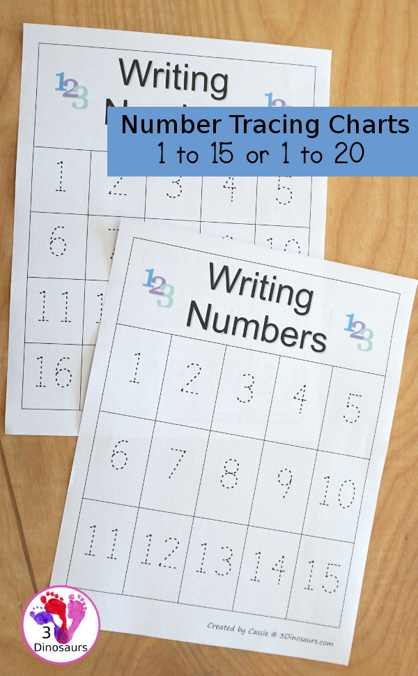 Free Number Tracing Charts 1 to 15 or 1 to 20 - easy no-prep printable for tracing numbers - 3Dinosaurs.com