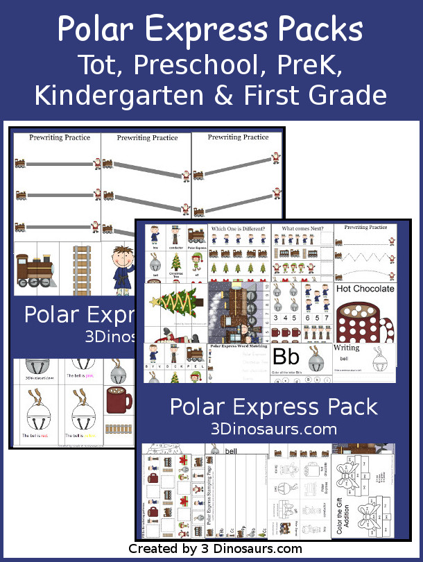 Free Polar Express Pack for Tot, Preschool, Prek, Kindergarten and First Grade - with puzzles, 3 part cards, letters, counting, addition and more - 3Dionsaurs.com