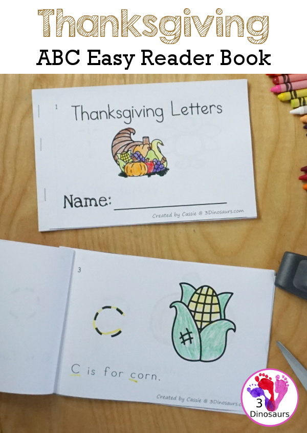 Free Thanksgiving Themed ABC Easy Reader Book - the book works on lowercase letters with Thanksgiving themes in a 12 page book - 3Dinosaurs.com