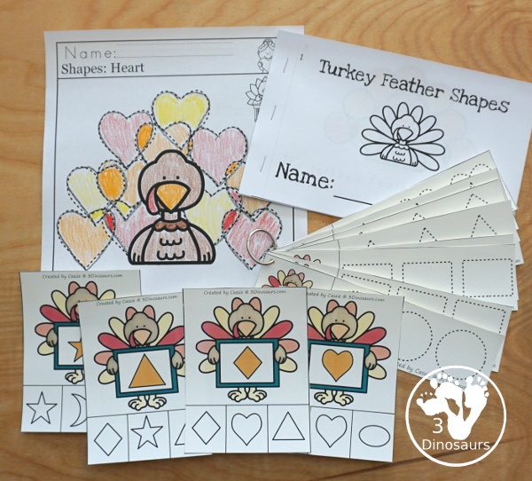 Turkey Activities Pack: Shapes with no-prep turkey feather shape tracing pages, turkey feather shape easy reader books, and Shape tracing strips.- 3Dinosaurs.com