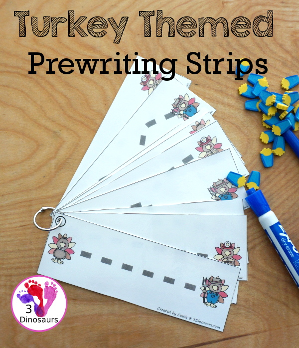 Free Turkey Themed Prewriting Strips - 10 prewriting strips with thick lines for kids to work on prewriting during Thanksgiving - 3Dinosaurs.com