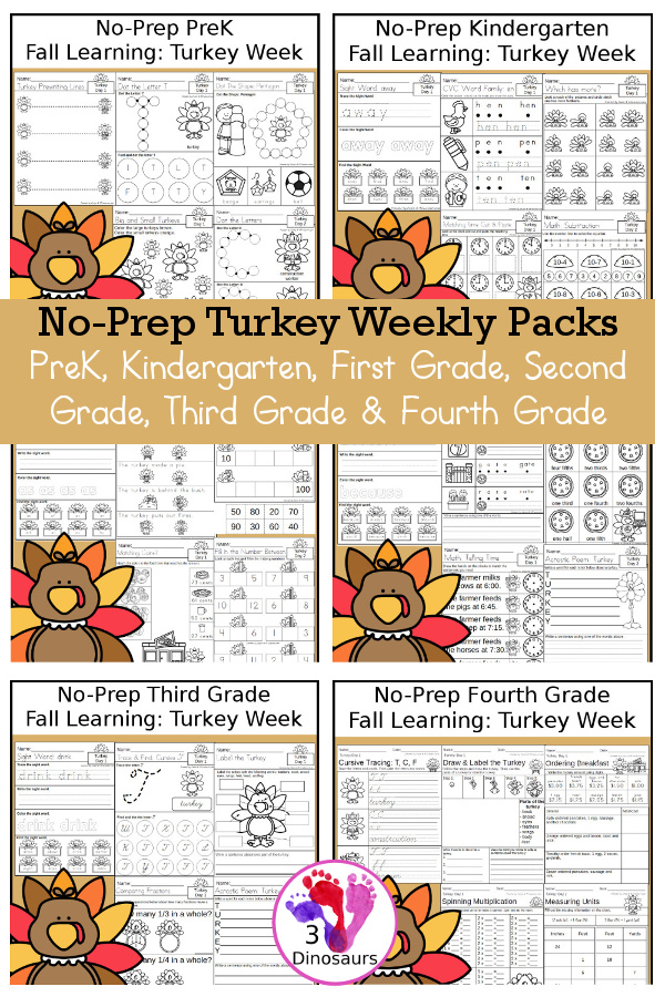 No-Prep Turkey Themed Weekly Packs for PreK, Kindergarten, First Grade, Second Grade, Third Grade & Fourth Grade with 5 days of activities to do for each grade level - These are great for activities to do this fall for Thanksgiving and Disguise a Turkey activities - 3Dinosaurs.com