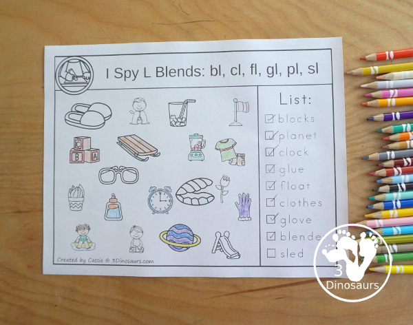 Free Blends I Spy Printable - with l blends, r blends, and s blends for kids to read the words and find the matching picture - 3Dinosaurs.com