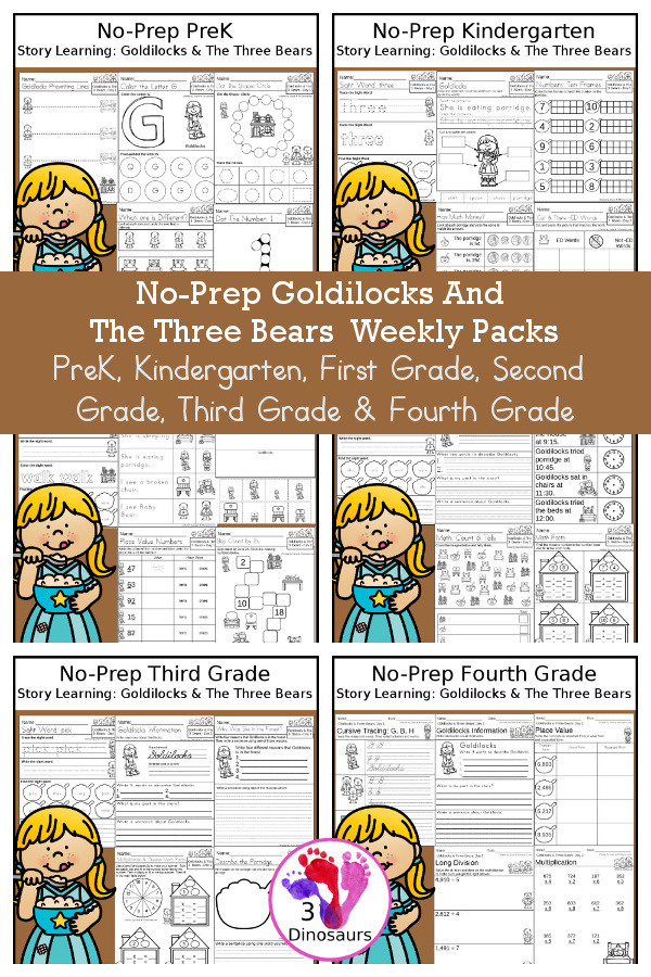 Goldilocks and Three Bears No-Prep Weekly Packs PreK, Kindergarten, First Grade, Second Grade, Third Grade & Fourth Grade with 5 days of activities to do for each grade level With loads of Goldilocks & Three Bear activities - You will find a mix of math, language, and more - These are easy to use packs for story themed learning, homework, early finisher, and morning work. Easy no-prep printables for kids with four pages for each day - 3Dinosaurs.com