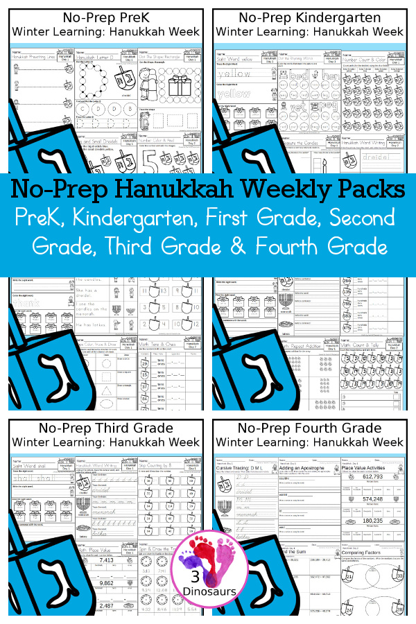 Hanukkah No-Prep Weekly Packs PreK, Kindergarten, First Grade, Second Grade, Third Grade & Fourth Grade with 5 days of activities to do for each grade level With loads of general Hanukkah activities - You will find a mix of math, language, and more - These are easy to use packs for winter learning, homework, early finisher, and morning work. Easy no-prep printables for kids with four pages for each day - 3Dinosaurs.com