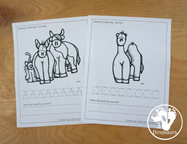 Free Nativity Coloring with Word Print & Cursive with 9 nativity words and four options for the coloring - 3Dinosaurs.com