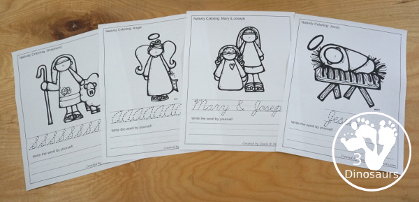 Free Nativity Coloring with Word Print & Cursive with 9 nativity words and four options for the coloring - 3Dinosaurs.com