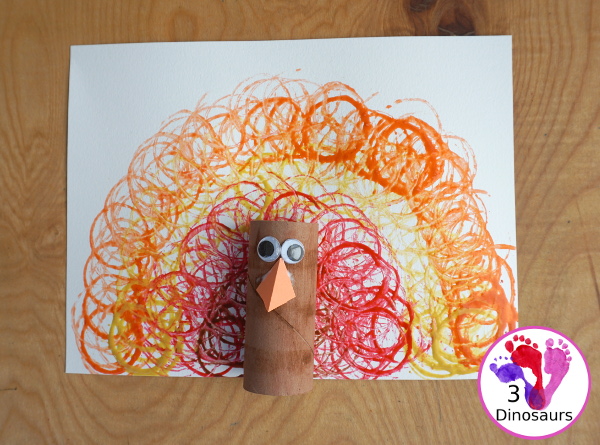 Easy to make Paper Roll Turkey Craft - a fun paper roll stamped turkey for kids to make for Thanksgiving - 3Dinosaurs.com