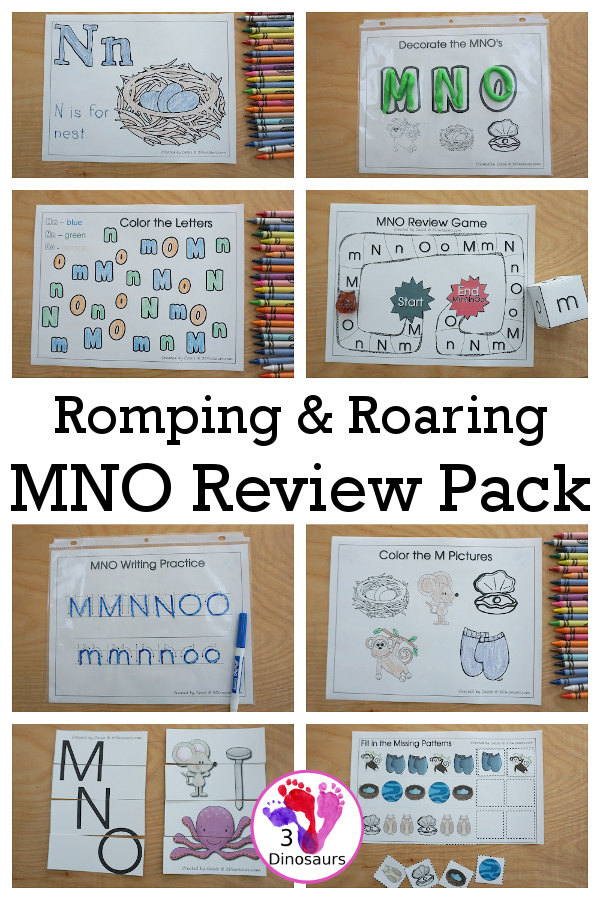 Romping & Roaring MNO Review Pack- with letter m, letter n, and letter o printables for reviewing the three letters with tracing, puzzles, coloring pages, finger puppets, game and more- 3Dinosaurs.com