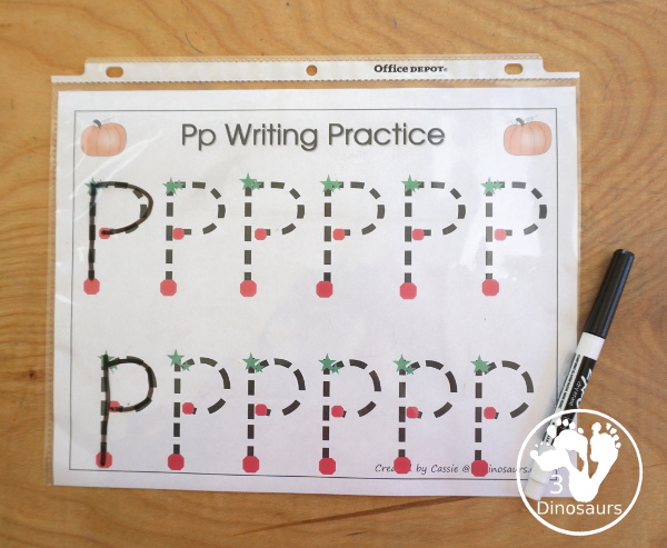 Romping & Roaring P Pack: Letter P is for Pumpkin  - a letter P pack that has prewriting, finding letters, tracing letters, coloring pages, shapes, puzzles and more - 3Dinosaurs.com