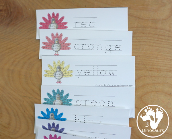 Turkey Color Pack - with 70 pages of printables with color easy reader book, color clip cards, color tracing strips, color writing strips, color pocket chart cards, color word writing, color word puzzles, and more all to work on learning color words. This is a great thanksgiving theme - 3Dinosaurs.com