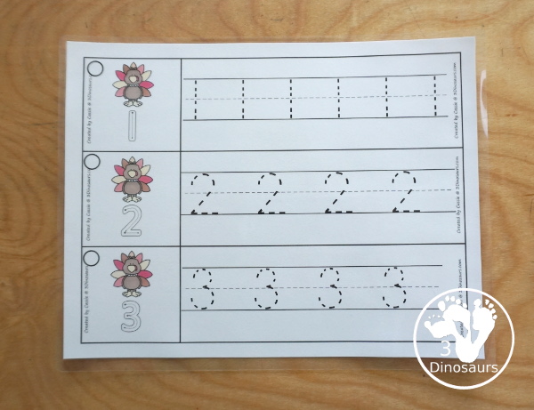 Free Turkey Theme Number Tracing Strips - with numbers 0 to 20 with tracing the number and example of how the number is written with fun turkeys. - 3Dinosaurs.com