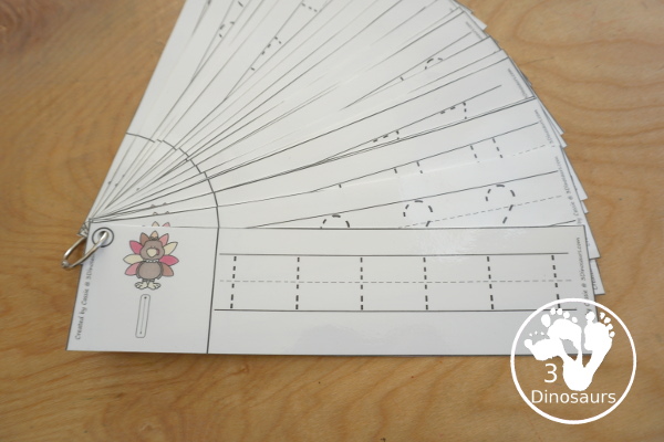 Free Turkey Theme Number Tracing Strips - with numbers 0 to 20 with tracing the number and example of how the number is written with fun turkeys. - 3Dinosaurs.com