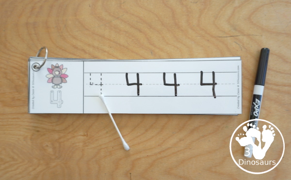 Free Turkey Theme Number Tracing Strips - with numbers 0 to 20 with tracing the number and example of how the number is written with fun turkeys. - 3Dinosaurs.com