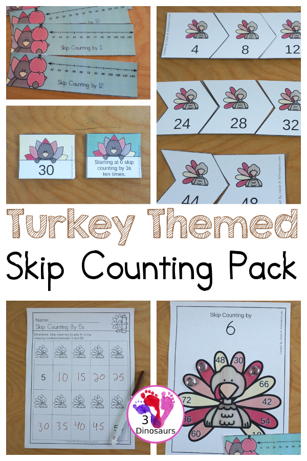 Turkey Skip Counting Activities - with no-prep packs, skip counting mats, skip counting 12 arrow puzzles, and task cards to work on skip counting from 2 to 12 - 3Dinosaurs.com