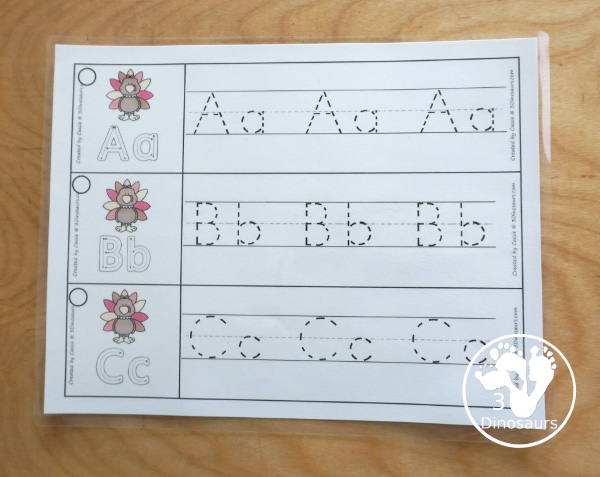 Free Turkey Theme ABC Tracing Strips - with uppercase and lowercase together. You have fun kids with a turkey plus you can see an example of how to trace the letters - 3Dinosaurs.com