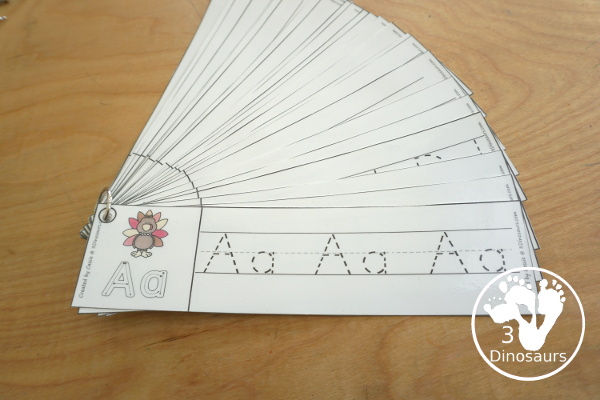 Free Turkey Theme ABC Tracing Strips - with uppercase and lowercase together. You have fun kids with a turkey plus you can see an example of how to trace the letters - 3Dinosaurs.com