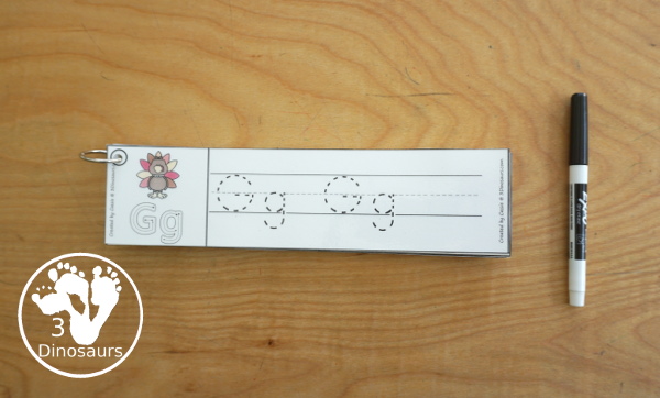 Free Turkey Theme ABC Tracing Strips - with uppercase and lowercase together. You have fun kids with a turkey plus you can see an example of how to trace the letters - 3Dinosaurs.com