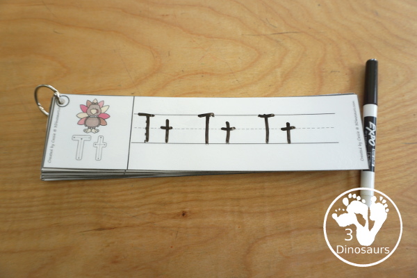 Free Turkey Theme ABC Tracing Strips - with uppercase and lowercase together. You have fun kids with a turkey plus you can see an example of how to trace the letters - 3Dinosaurs.com