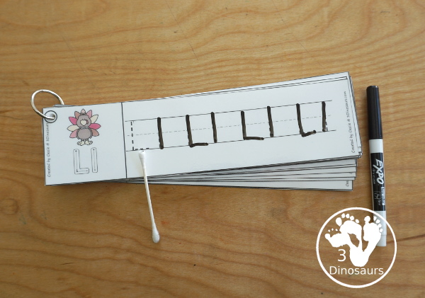 Free Turkey Theme ABC Tracing Strips - with uppercase and lowercase together. You have fun kids with a turkey plus you can see an example of how to trace the letters - 3Dinosaurs.com