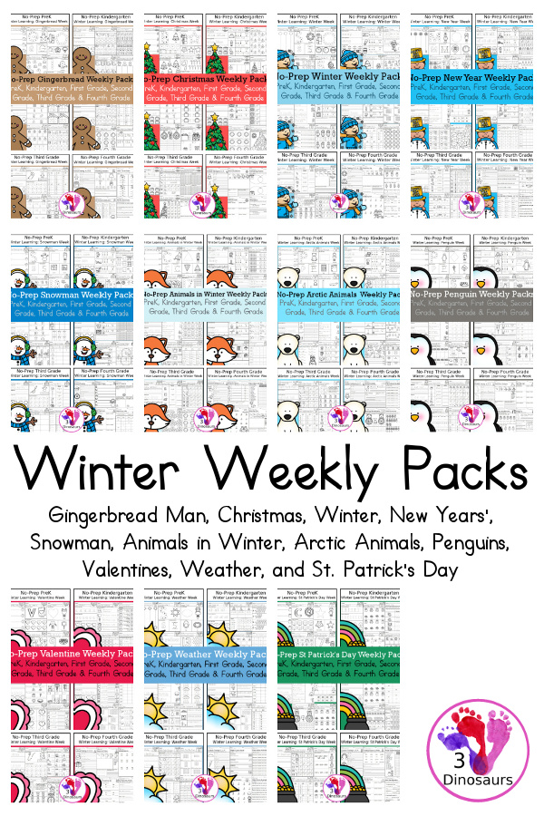 No-Prep Weekly Packs for the Winter for Prek to 4th Grade - You have the following winter themes: gingerbread man, Christmas, winter, New Years', snowman, animals in winter, arctic animals, penguins, Valentines, weather, and St. Patrick's Day - 3Dinosaurs.com