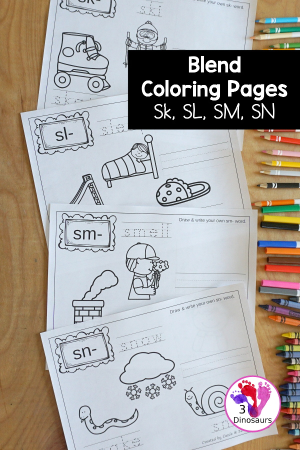 Free Blends Coloring Pages: Sk, Sl, Sm, Sn - you have three words on each page with tracing the blends and the coloring the picture with space to make draw and write their own blend word - 3Dinosaurs.com