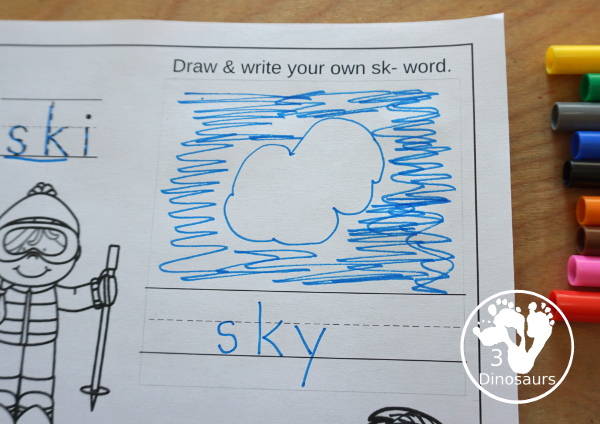 Free Blends Coloring Pages: Sk, Sl, Sm, Sn - you have three words on each page with tracing the blends and the coloring the picture with space to make draw and write their own blend word - 3Dinosaurs.com