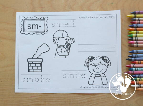 Free Blends Coloring Pages SM - you have three words on each page with tracing the blends and the coloring the picture with space to make draw and write their own blend word - 3Dinosaurs.com