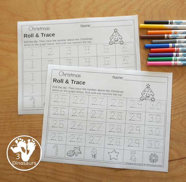 Christmas Roll & Graph With Trace Letters, Numbers & Shapes with a folding die and cube die with a graphing sheet, graphing with tracing numbers, graphing with tracing letters and graphing with tracing shapes. All with a fun holiday theme for Christmas for prek and kindergarten - 3Dinosaurs.com