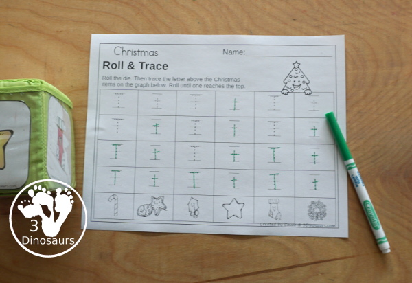 Christmas Roll & Graph With Trace Letters, Numbers & Shapes with a folding die and cube die with a graphing sheet, graphing with tracing numbers, graphing with tracing letters and graphing with tracing shapes. All with a fun holiday theme for Christmas for prek and kindergarten - 3Dinosaurs.com